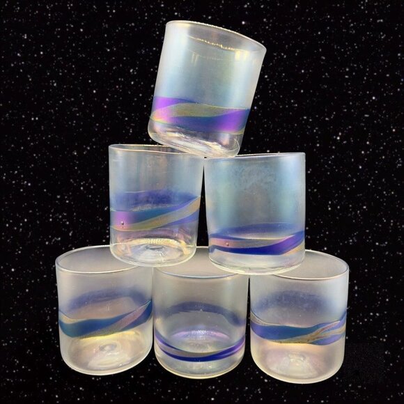 Studio Art Glass Juice Glasses Iridescent Hand Made Signed Roo Rum Set 6 Tumbler - Picture 1 of 14